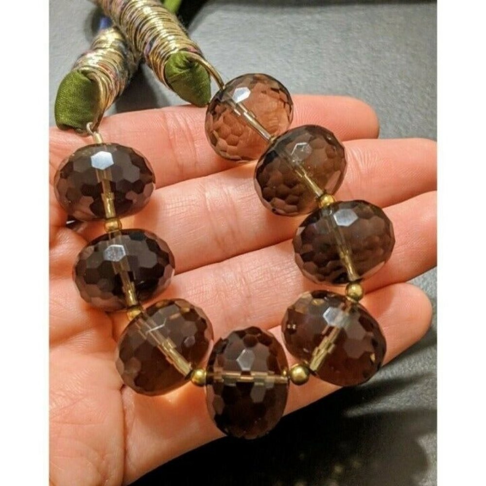 Designer Jacqueline Rose Faceted Smoky Quartz Bead Wrapped Silk Scarf Necklace
